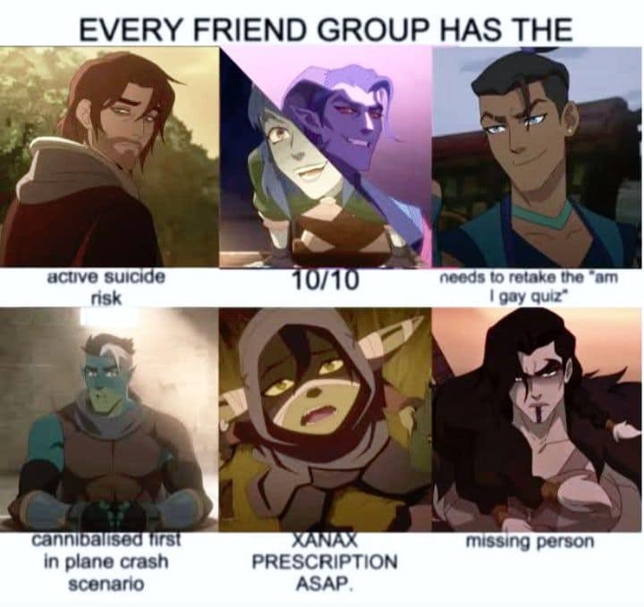 A d&d meme chart categorizing Vox Machina characters into friend group archetypes like active suicide risk and missing person.