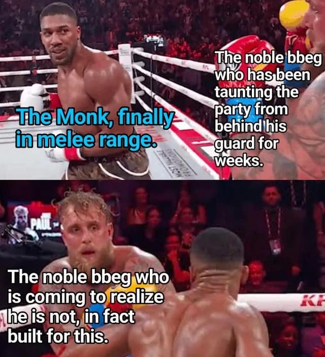 A d&d meme comparing a Monk closing the distance on a BBEG to a boxer realizing they are in trouble.