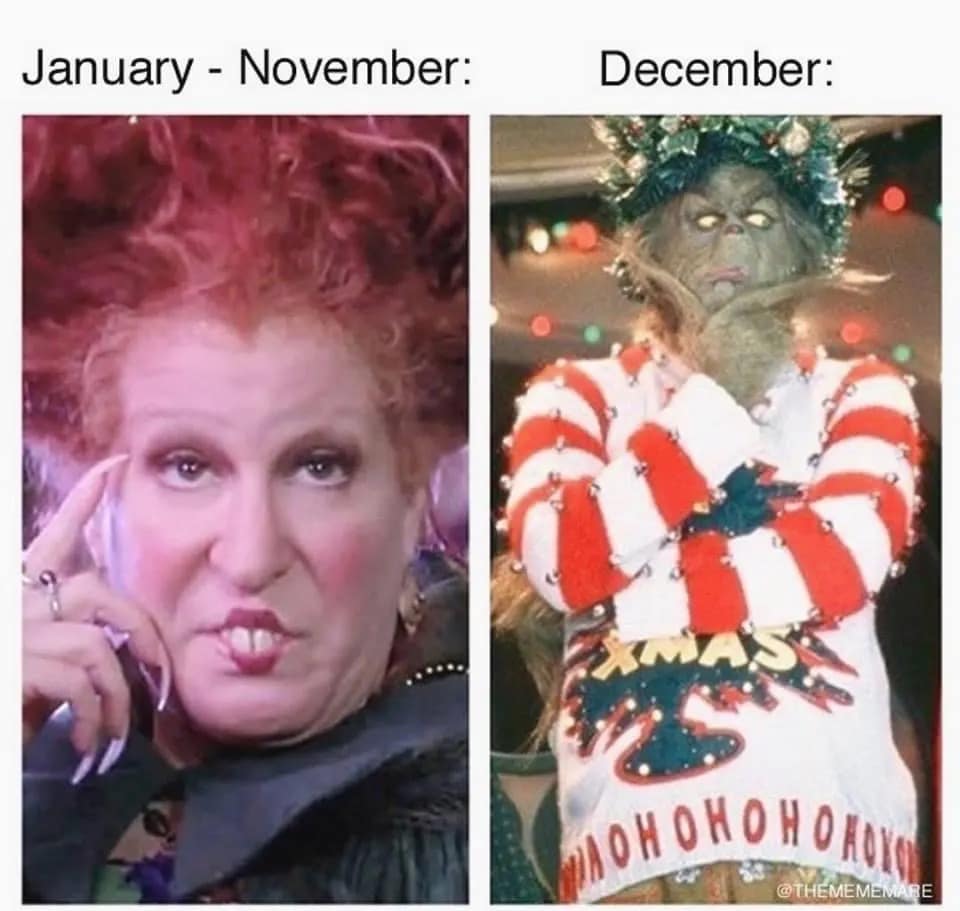 Comparison of Bette Midler in Hocus Pocus vs. The Grinch in a December 1st meme.
