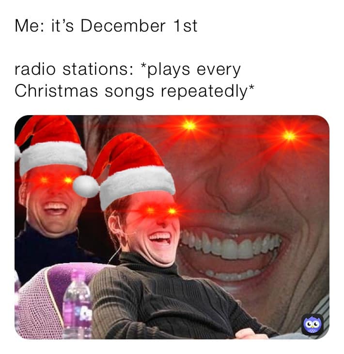 Tom Cruise laughing maniacally with glowing eyes and Santa hats in a December 1st meme.