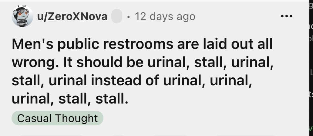 Reddit user proposing a new alternating layout for urinals and stalls in public restrooms.