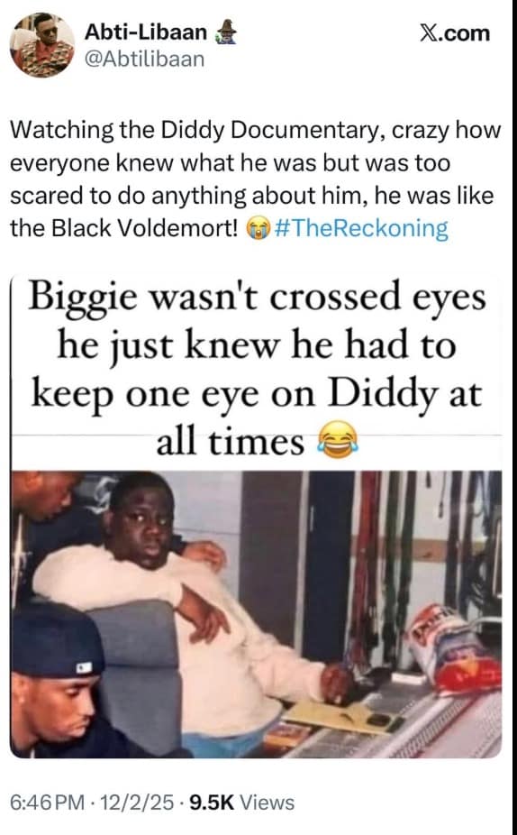 A Diddy documentary meme comparing Diddy to Voldemort and Biggie keeping an eye on him.