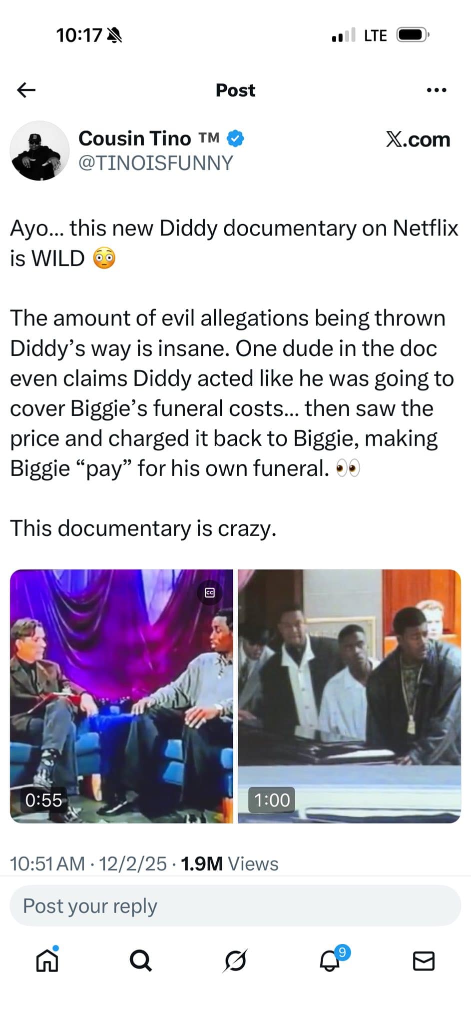 A Diddy documentary meme of a tweet claiming Diddy charged Biggie for his own funeral.