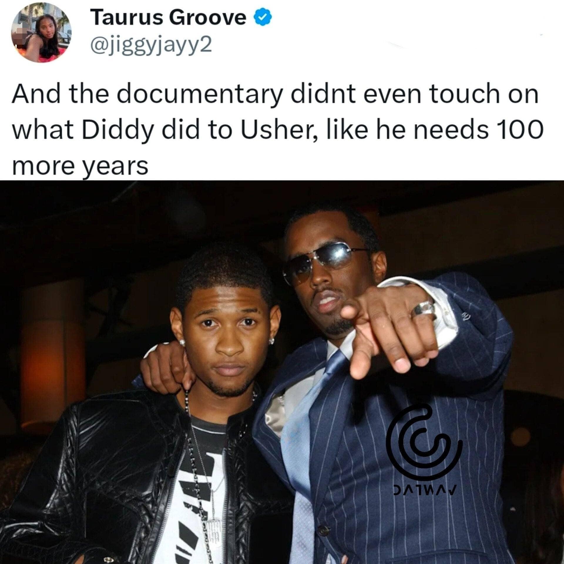 A Diddy documentary meme of a tweet about Diddy and Usher posing together.