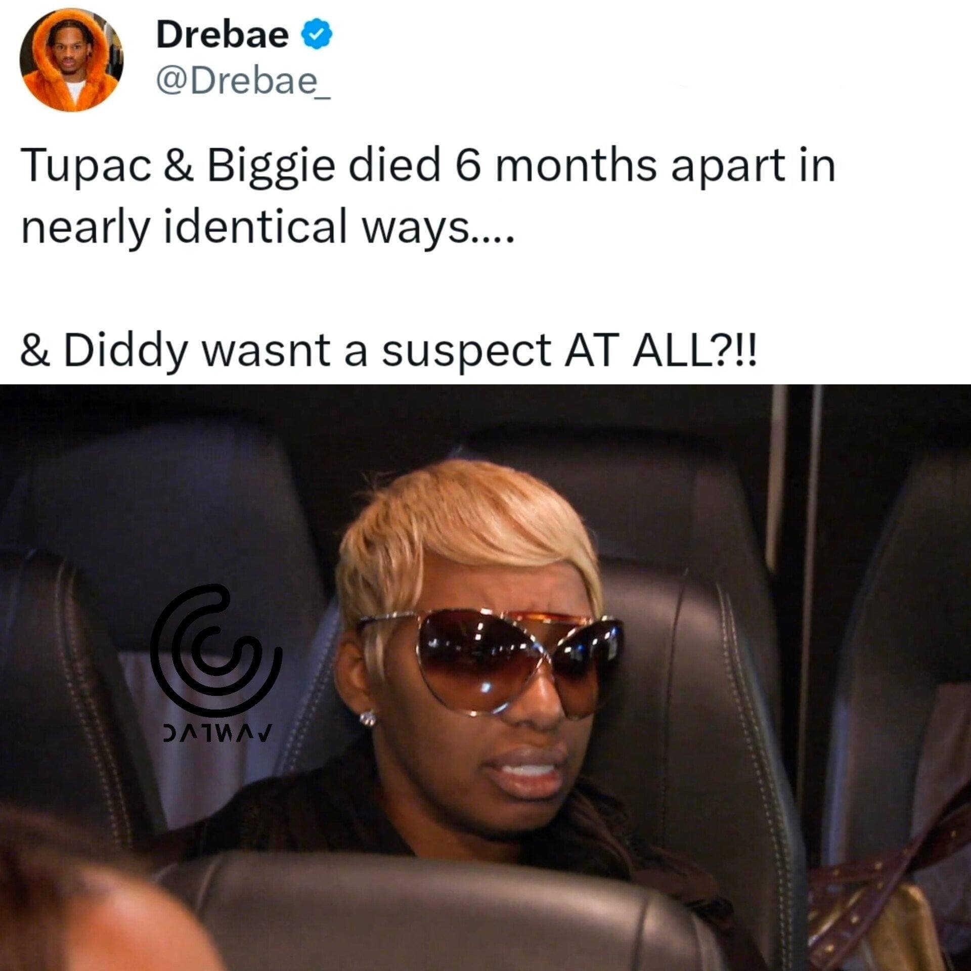 A Diddy documentary meme of a tweet questioning why Diddy wasn't a suspect in Tupac and Biggie's deaths.