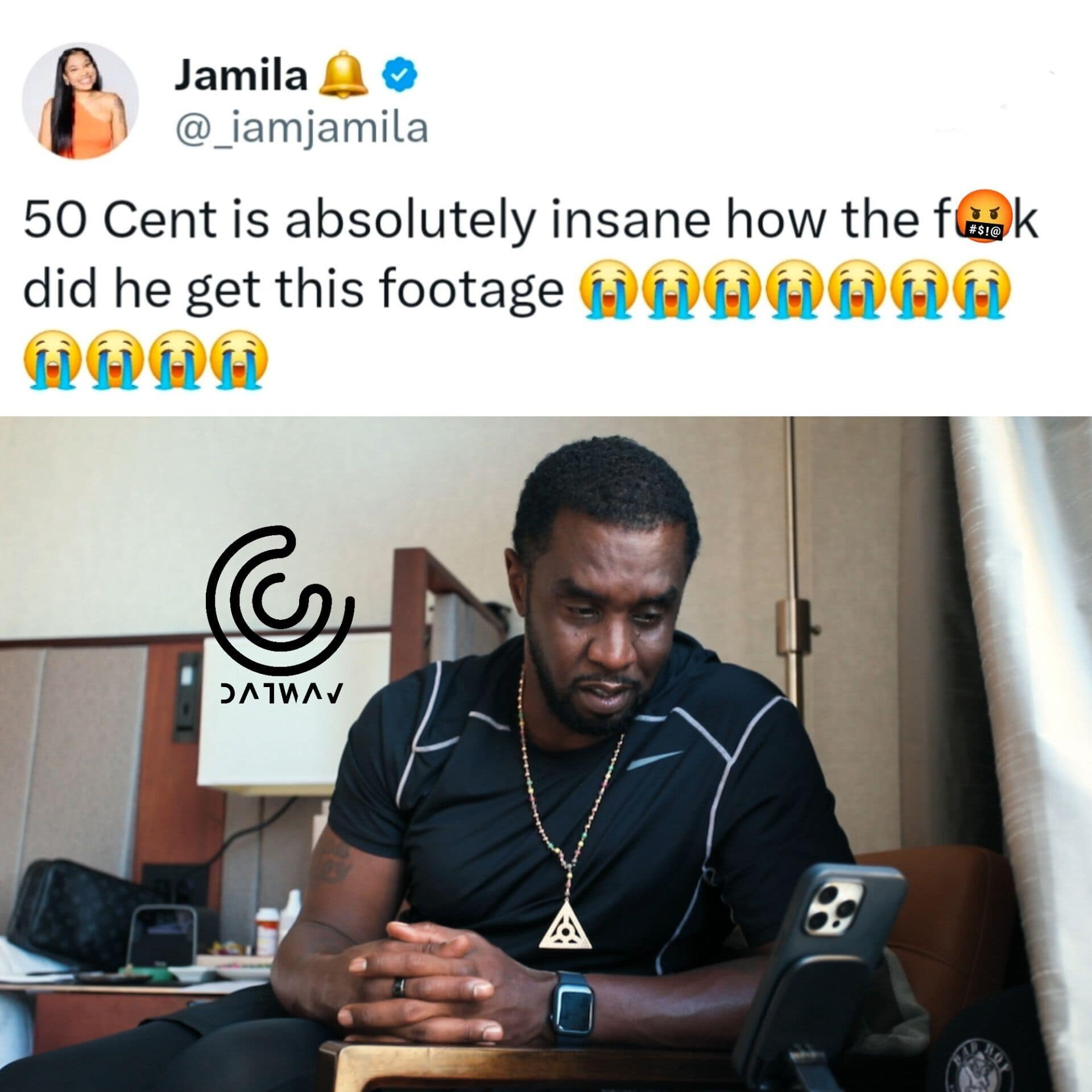 A Diddy documentary meme of a tweet asking how 50 Cent obtained the footage.