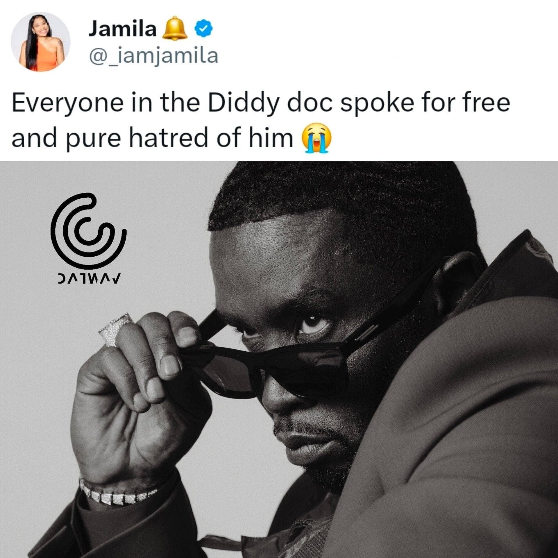 A Diddy documentary meme of a tweet noting people spoke for free out of hatred.