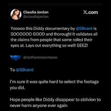 A Diddy documentary meme of a tweet validating the claims in the 50 Cent documentary.