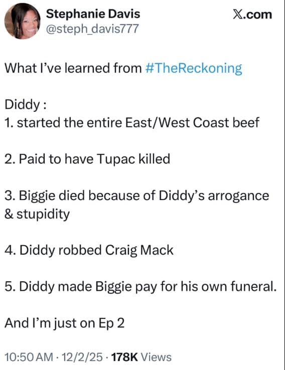 A Diddy documentary meme of a tweet listing allegations like the East Coast West Coast beef.