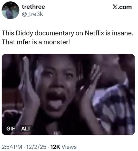 A Diddy documentary meme of a reaction image showing a woman screaming in horror.
