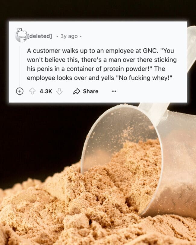 A dirty joke text post about a man and a protein powder container at GNC.