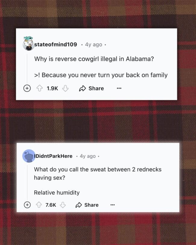 A dirty joke Reddit comment asking why reverse cowgirl is illegal in Alabama.