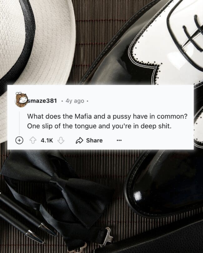 A dirty joke text comparing the Mafia to a specific body part.