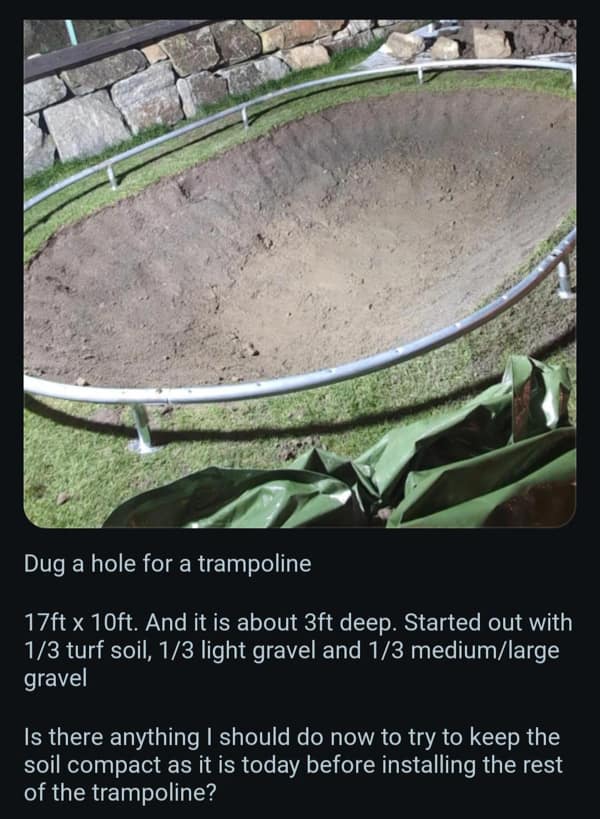 A diy fail showing a shallow uneven hole dug for an in ground trampoline.