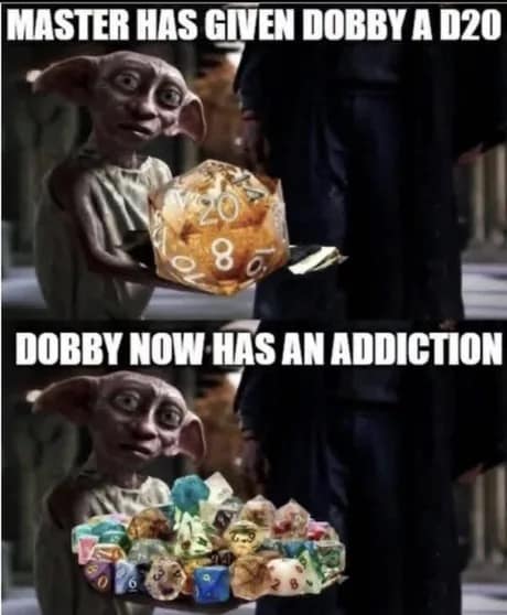 A dnd meme of Dobby holding a d20 die.