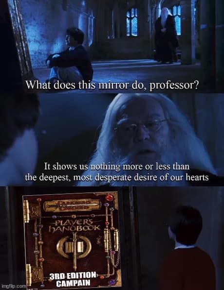 A dnd meme using Harry Potter to explain the Player's Handbook.