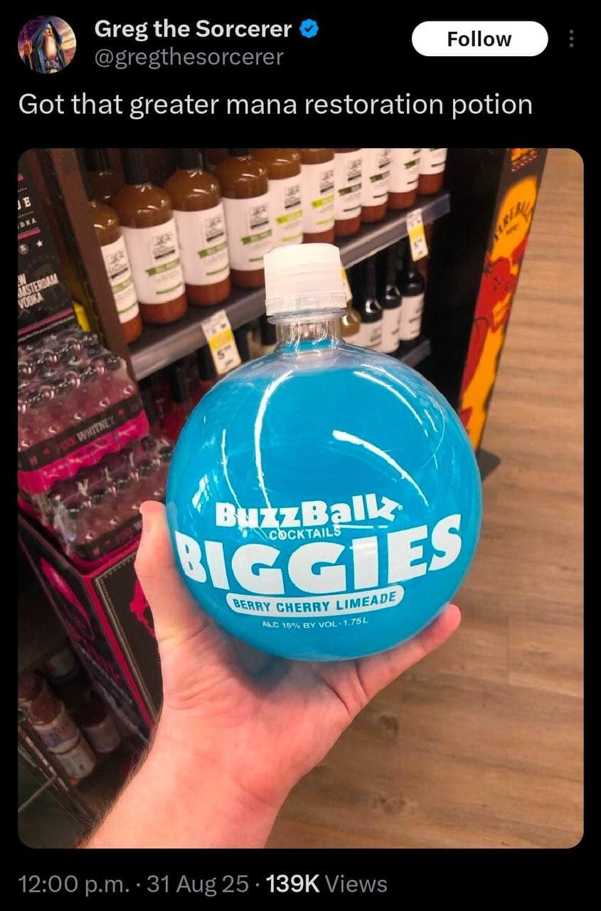 A dnd meme comparing a blue BuzzBallz cocktail to a greater mana restoration potion.