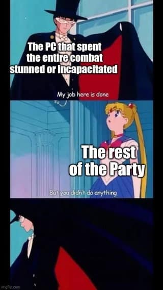 A dnd meme using Tuxedo Mask to represent a player who was stunned for the whole fight taking credit.