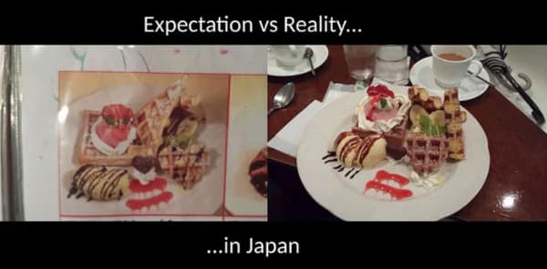 Menu photo of waffle dessert vs identical real food in Japan.