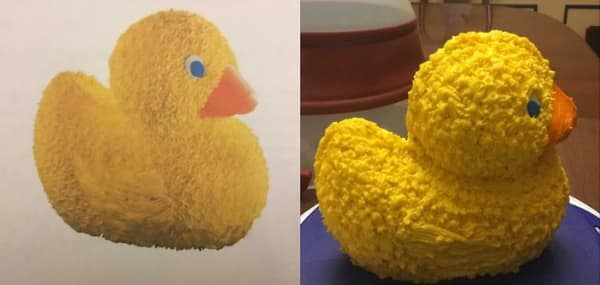Yellow duck cake expectation vs fluffy realistic homemade recreation.