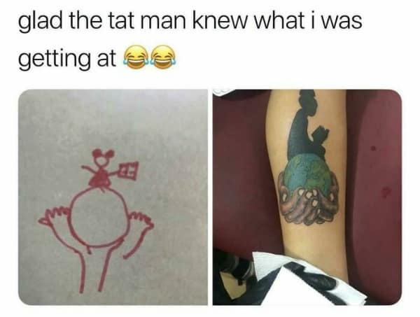 Terrible stick figure drawing translated into beautiful silhouette tattoo expectation vs reality.
