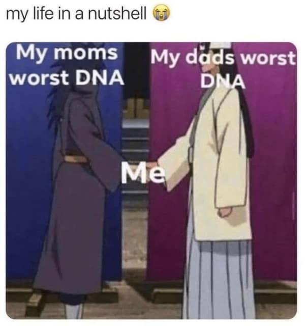 Two anime characters shaking hands labeled as mom and dad's worst DNA.