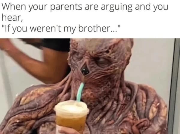 Monster Vecna from Stranger Things sipping a Starbucks iced coffee casually.