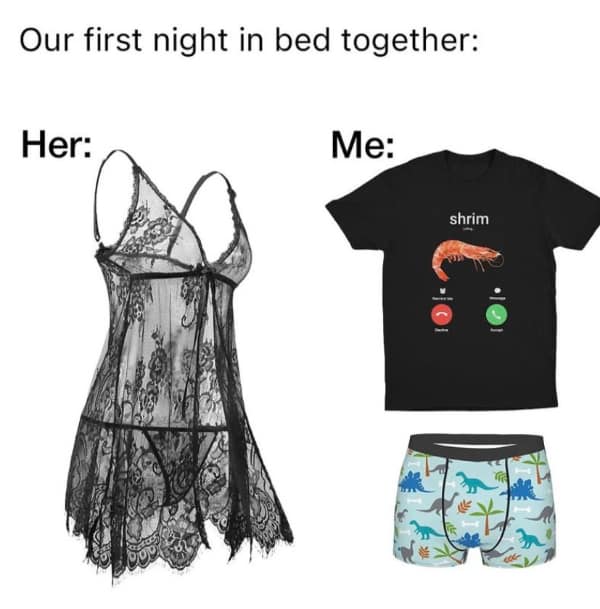 Comparison of sexy lace lingerie versus funny shrimp shirt and dinosaur boxers.