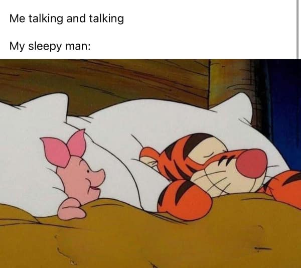 Piglet watching Tigger sleep peacefully in a bed meme.