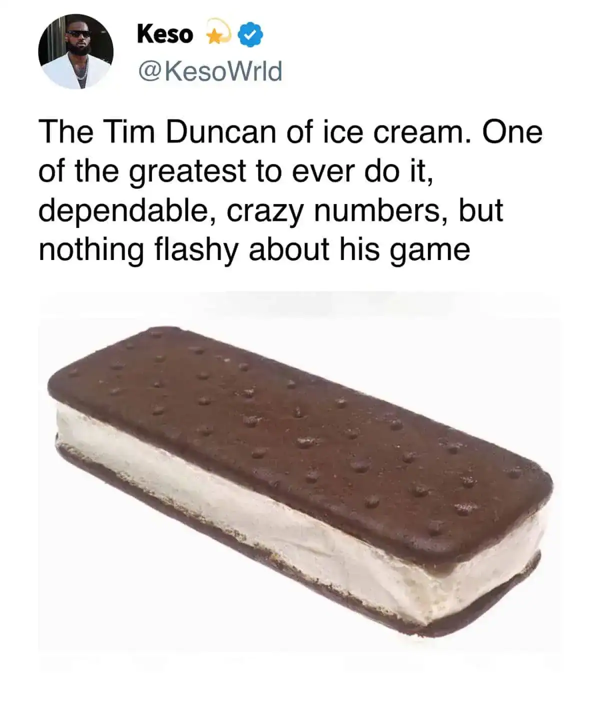A food meme comparing a classic ice cream sandwich to NBA player Tim Duncan.