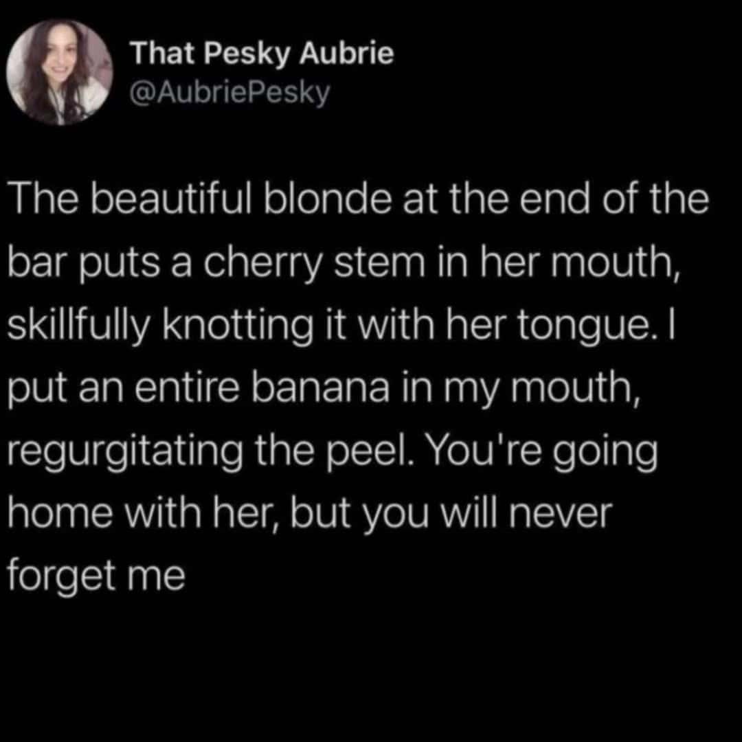 Tweet comparing cherry stem knotting to eating a whole banana as a food meme