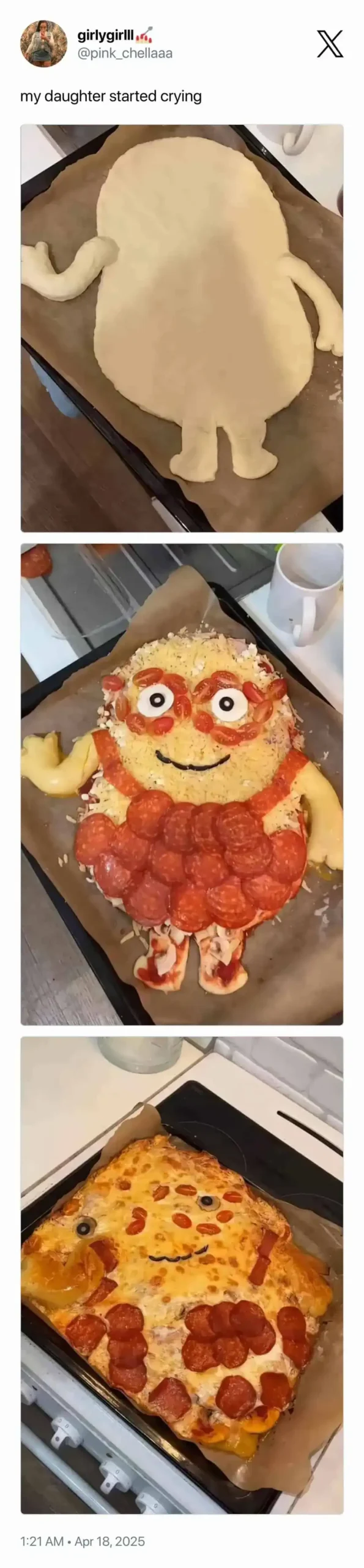 A food meme showing a failed attempt at making a Minion-shaped pizza that made a child cry