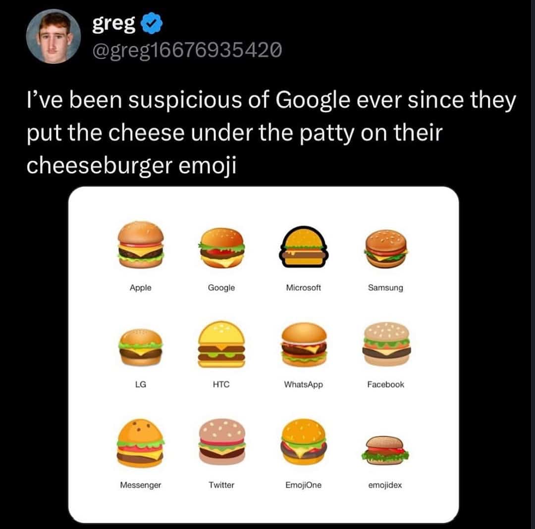 Comparison of burger emojis criticizing Google's cheese placement as a food meme