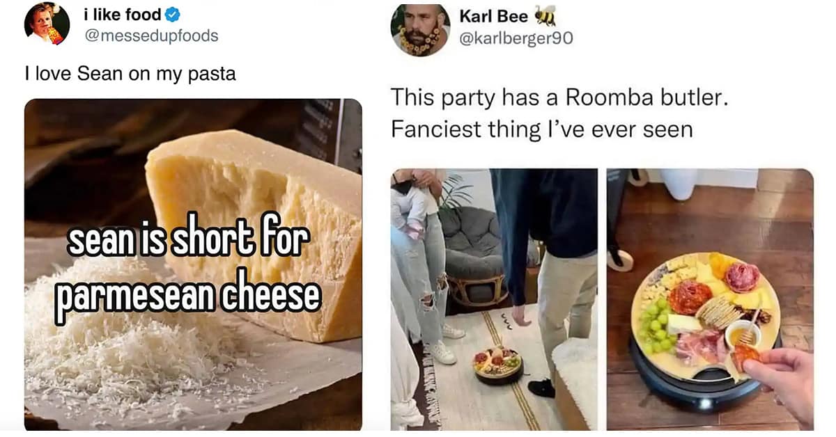 Collection of food meme images and funny food tweet compilations featuring duck tomatoes and potato traps