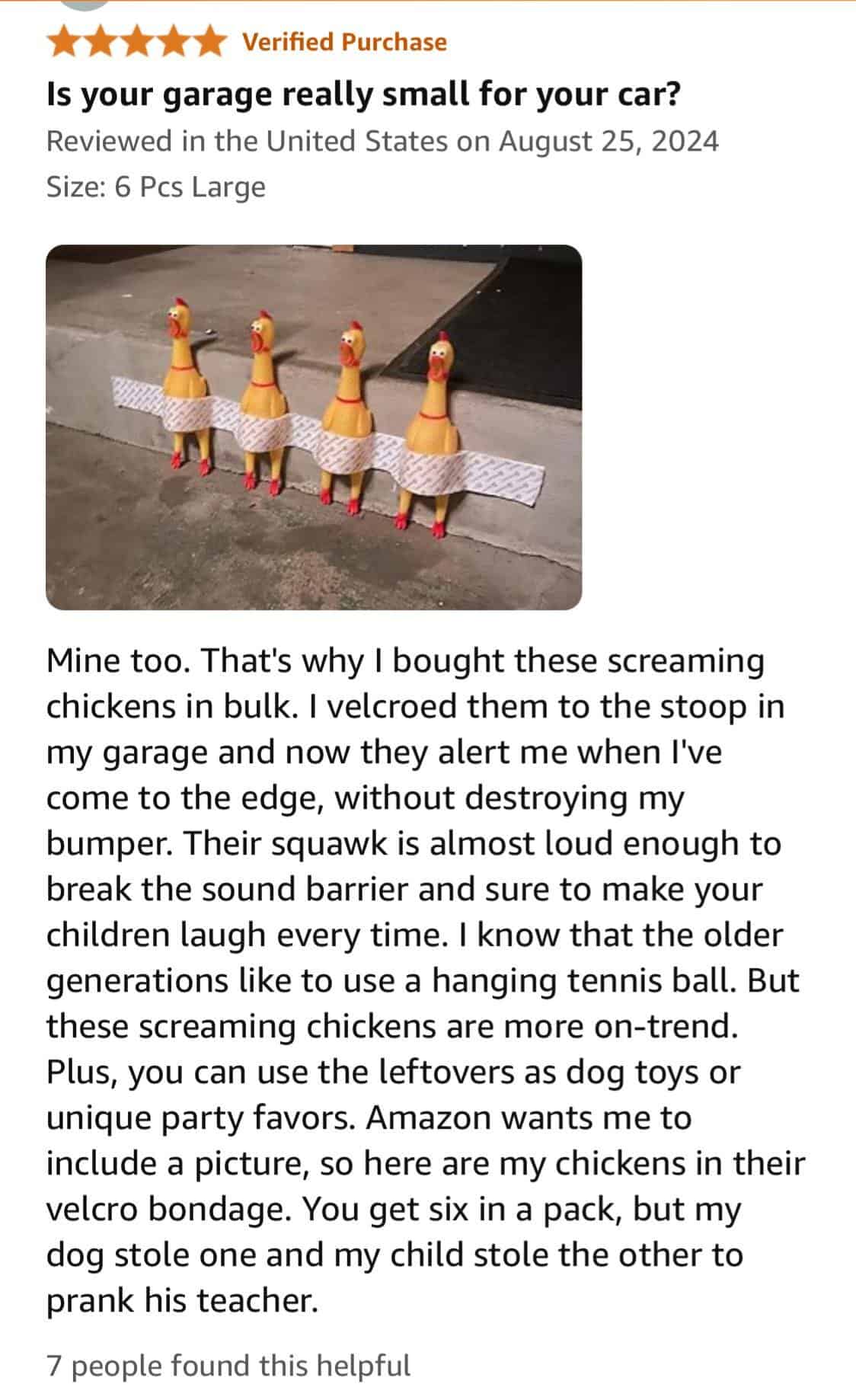 Screaming rubber chickens used as parking sensors in creative Amazon product review.