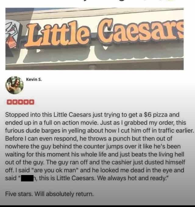 Little Caesars review describing a fight where cashier quotes the hot and ready slogan.