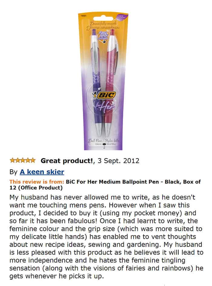 Sarcastic Amazon review for Bic pens for women mocking the concept of gendered pens.