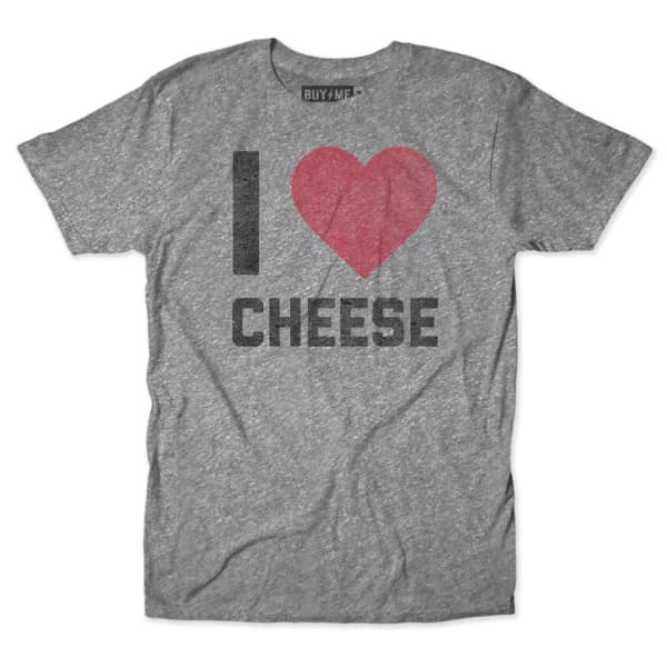 A funny cheese meme of a grey t-shirt with text saying "I love cheese".