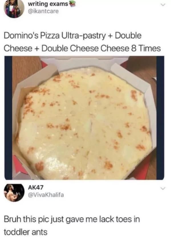 A funny cheese meme of a Domino's pizza covered in an excessive amount of double cheese layers.