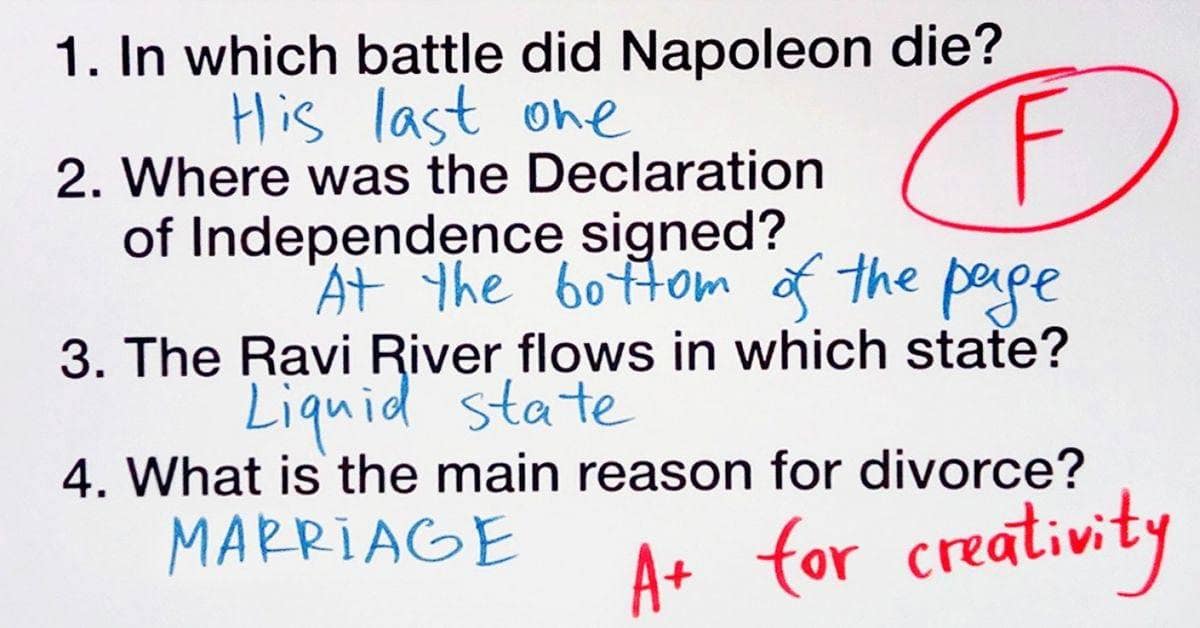 Test paper with witty answers about Napoleon's death and the main reason for divorce.