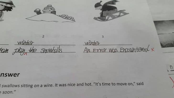 Worksheet answer where student wrote "An Error Was Encountered" instead of a sentence.