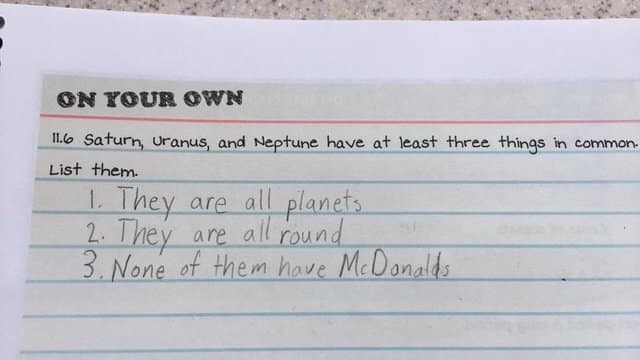 Science test listing McDonalds unavailability as a common trait of Saturn Uranus and Neptune.