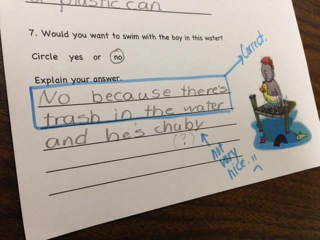 Student answer declining to swim because the water is dirty and the boy is chubby.