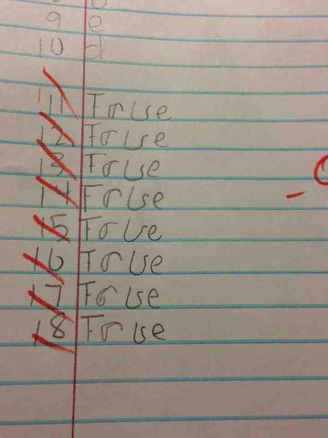 True or false quiz where every answer is a symbol combining T and F letters.