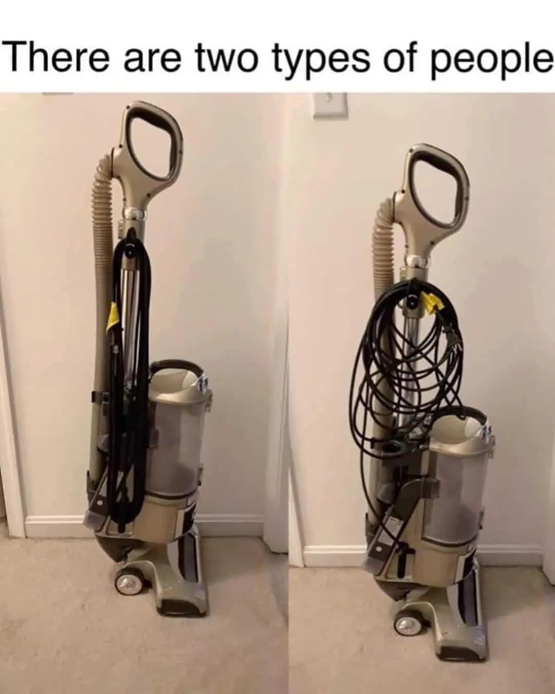 Side-by-side comparison of neatly wrapped vacuum cord versus messy tangled cord on floor.