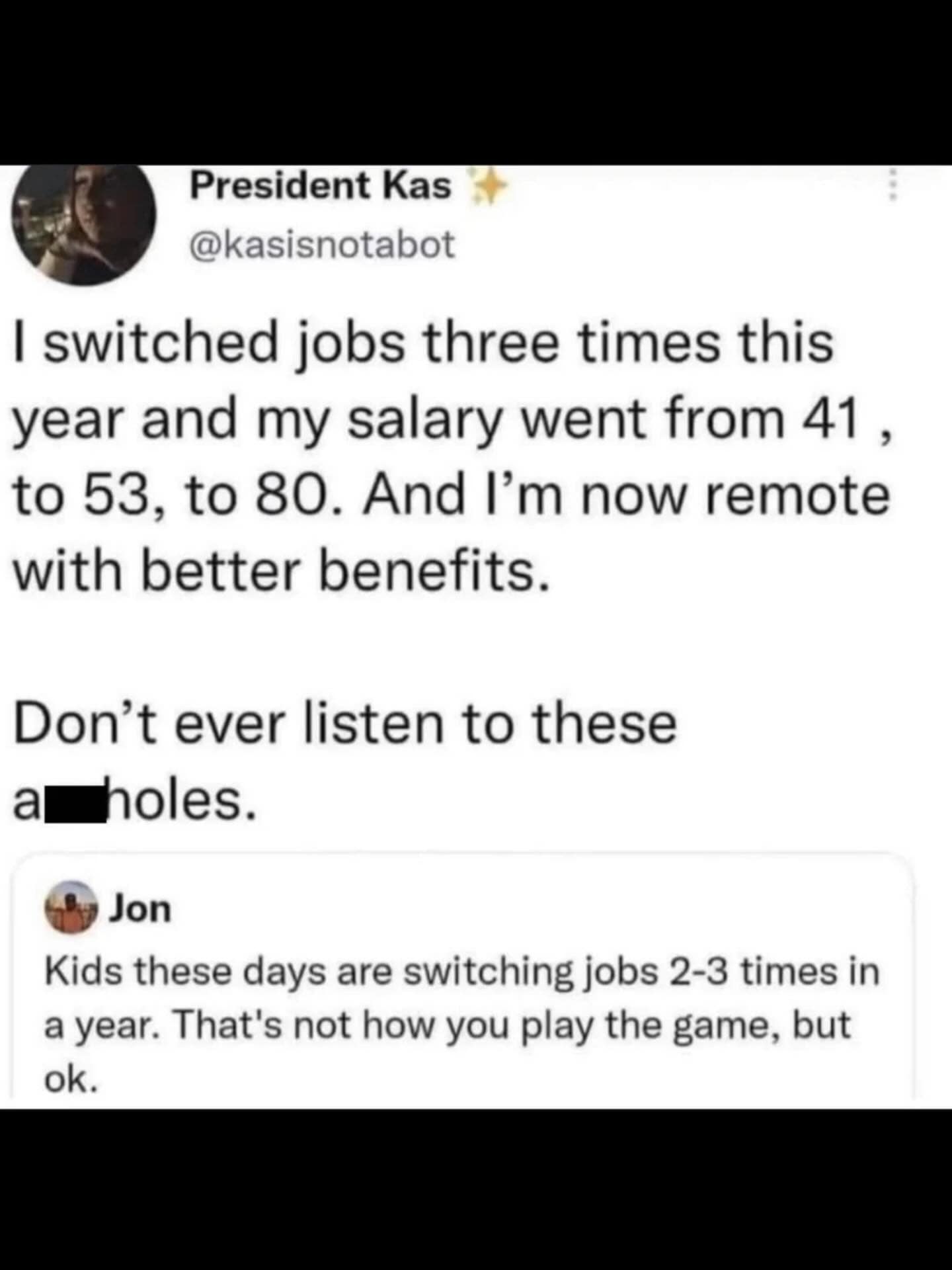 Tweet comparison showing job hopping success versus outdated career advice funny meme.