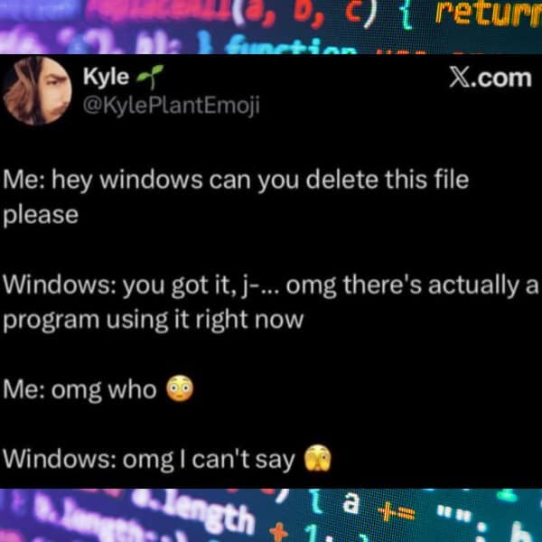 Tweet personifying Windows OS refusing to delete a file because a mystery program is using it.