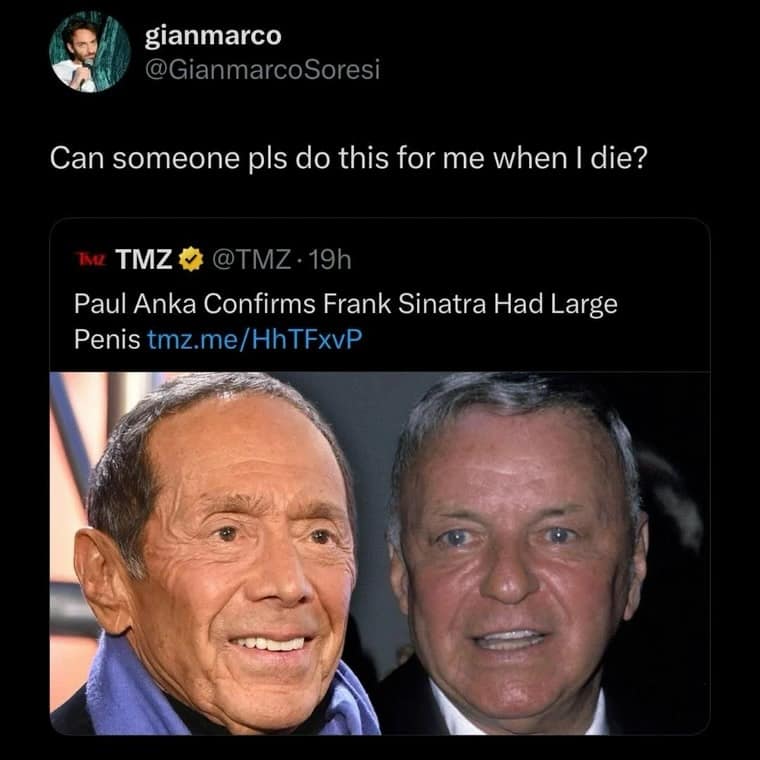 Tweet asking for a side-by-side photo comparison with Frank Sinatra after death.