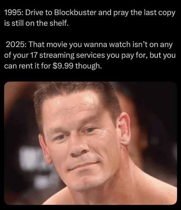 A funny meme comparing Blockbuster nostalgia to modern streaming costs.