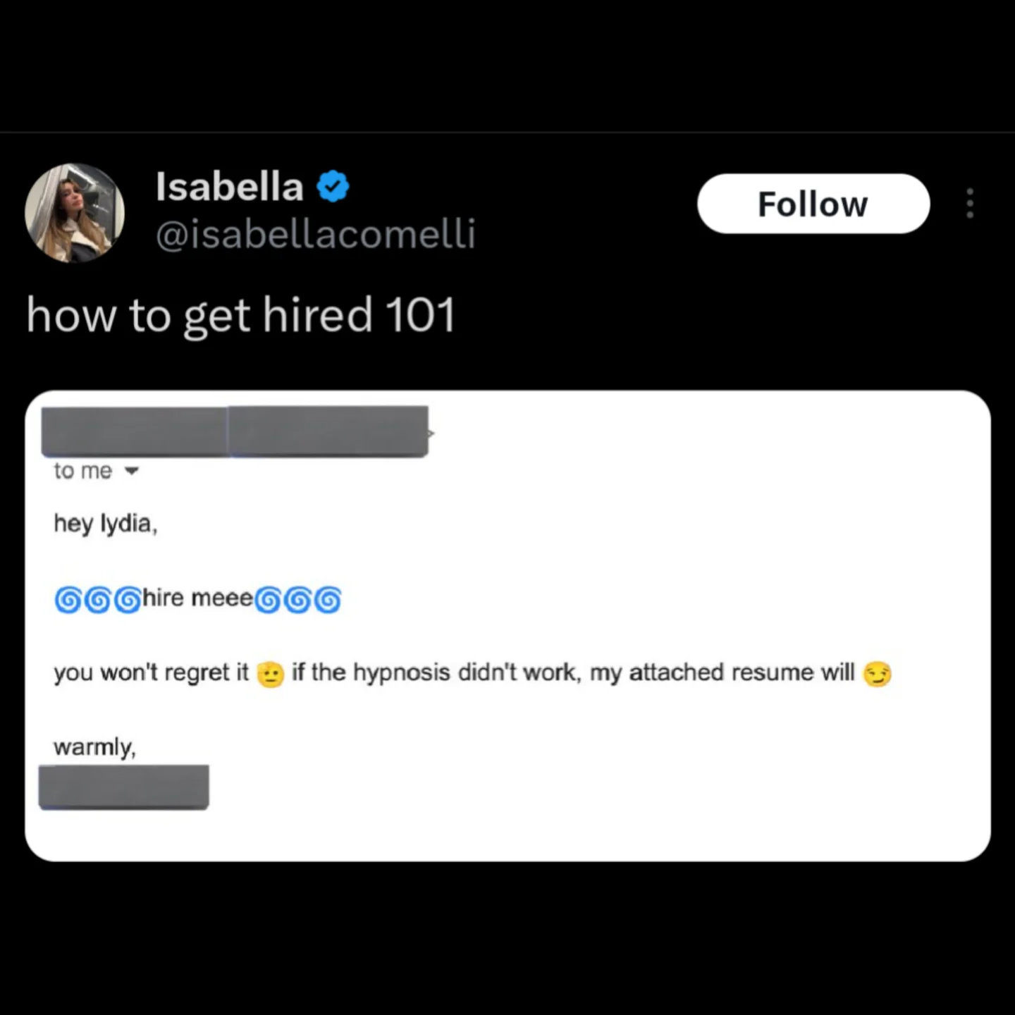 Email screenshot showing job applicant using hypnosis emojis to convince recruiter to hire them.